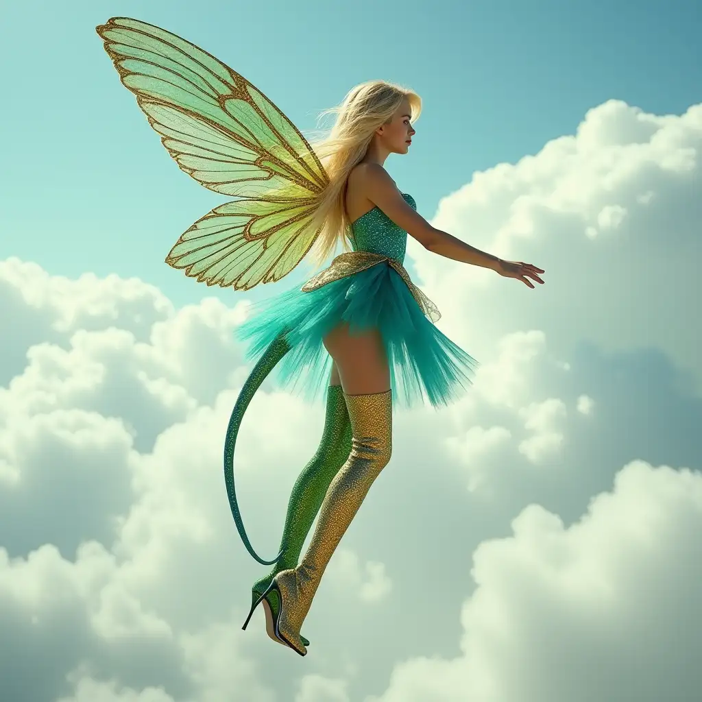 A photo of a blonde fairy with large, shiny, iridescent green-blue hummingbird wings and a long green-blue bird tail. She is flying in the sky above the clouds. She is wearing a golden patterned blue latex dress and golden patterned green latex thigh-high stiletto boots. The background contains a cloudy sky. Stiletto high heels is side view.