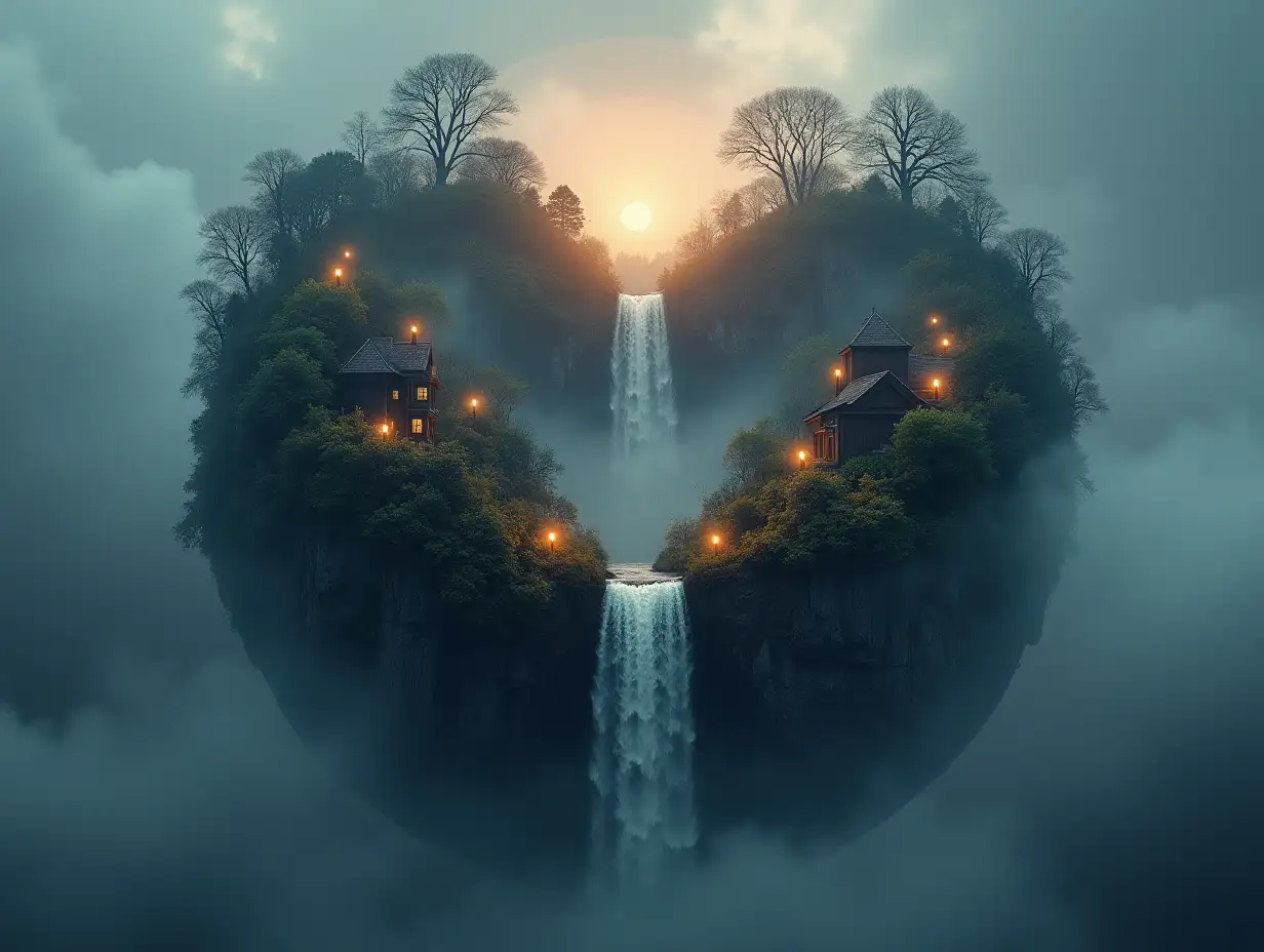 Create a globe where from its upper half many houses with lanterns, forest waterfall come out and with gray sky with fog and rainbow