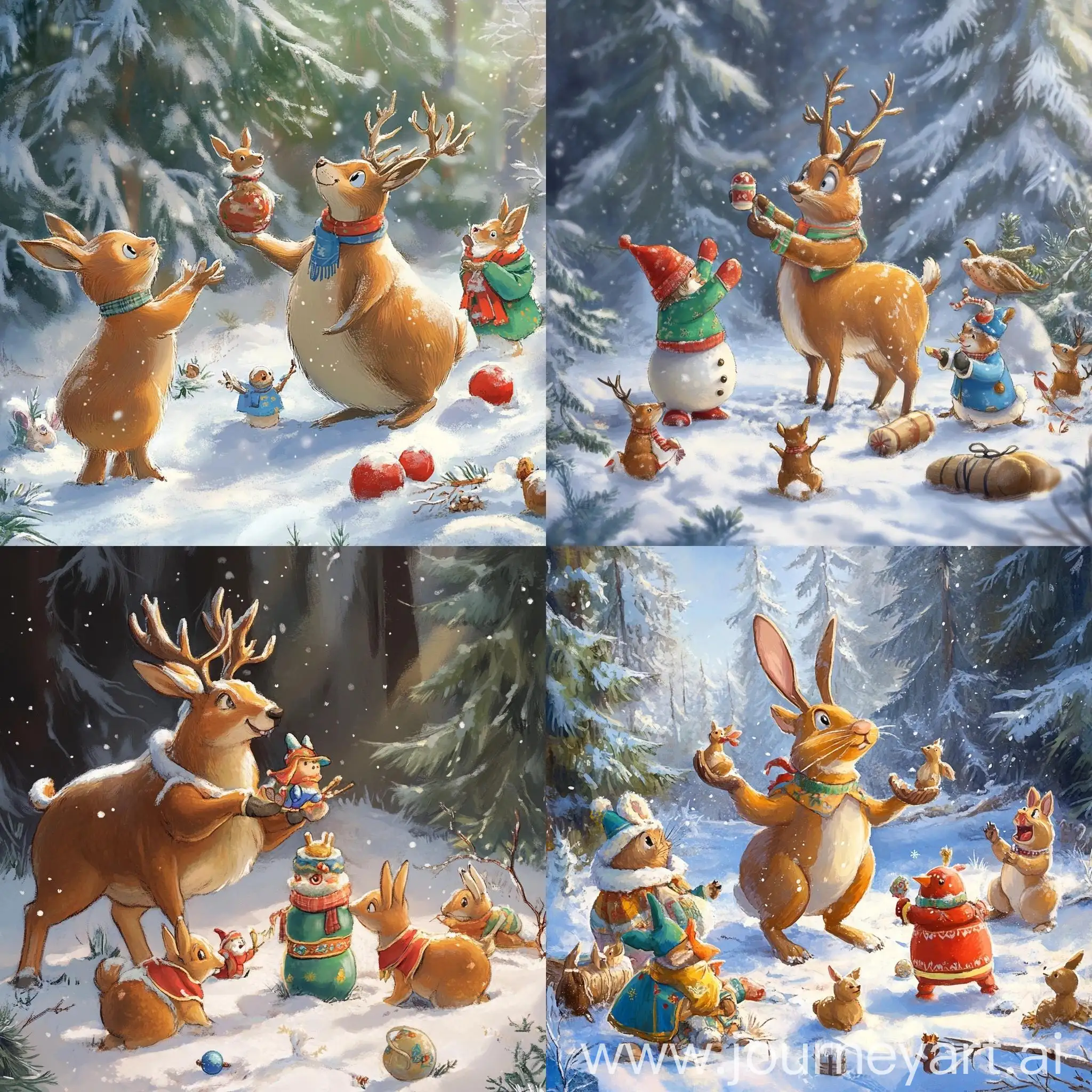 Rabbits-and-Deer-Playing-Snowball-Fight-and-Building-Snowman-for-New-Years-Celebration