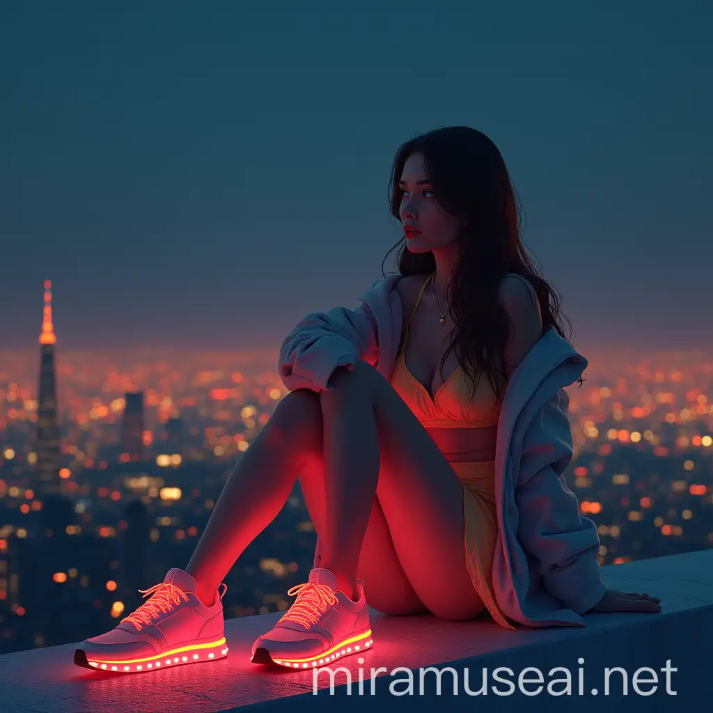 3D 8k minimal illustrator minimal women fairytale sitting on the cornor of the california huge and high building with her lightyellow digitallight stunning dress nice breast light in the midnight with her yellow digital light suite with her longest hair and beautiful face watching the amazing sunset cinematic reflection Aivision, strong neon colors, full body of beautiful young women with dramatic expression, prety blue eyes , full red lips, brown hair, She wears blouse ,Mini skirt, coat with amazing sneakers in neon colors,full body . Modern cloth. she stands in the street anxiously , dark winter environment and gloomy, image realistic, realistic facial features, Fairy Tail, Extremely detailed , intricate , beautiful , fantastic view , elegant , crispy quality Federico Bebber's expressive, full body, Coordinated colours, night