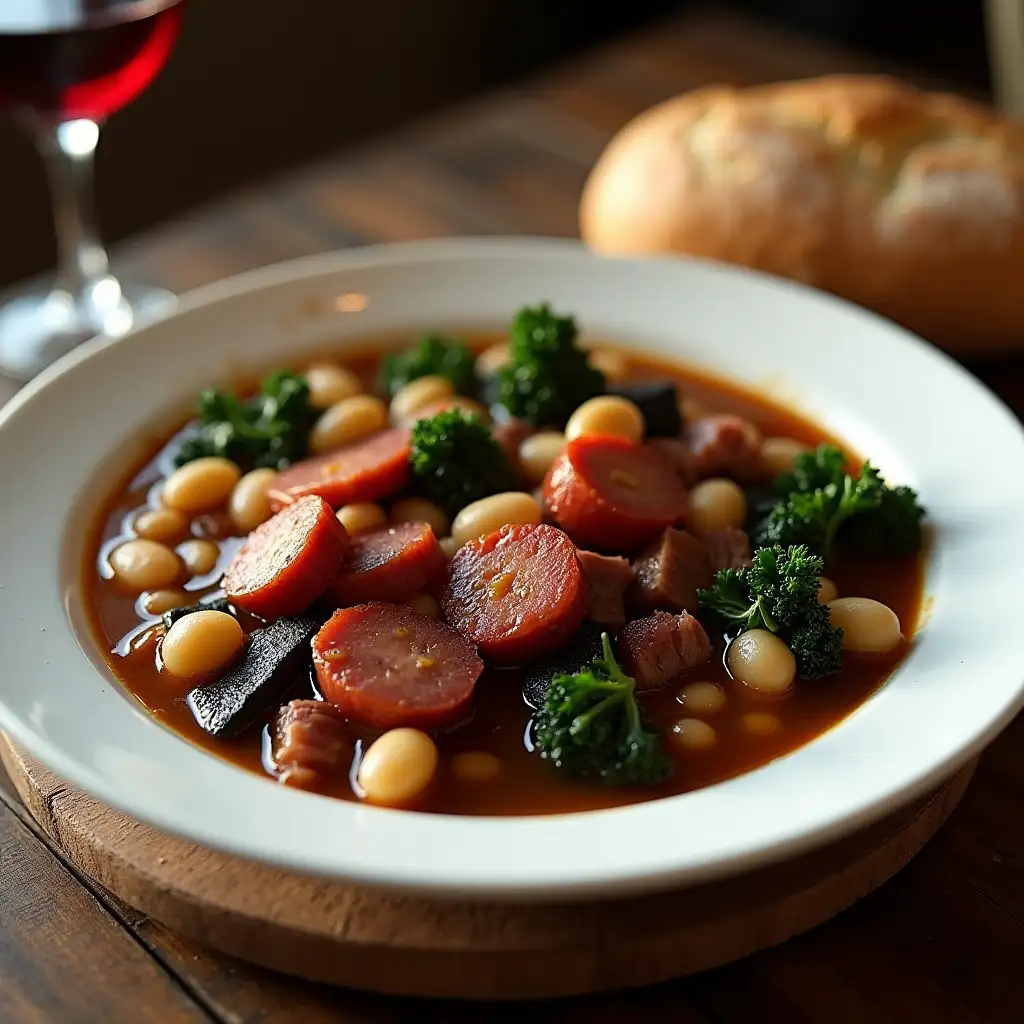 user_prompt: Close-up of a white ceramic deep plate, brimming with traditional mountain-style stew. The stew features tender white beans mixed with chunks of dark green kale. You can see slices of smoked chorizo and black pudding, along with marinated pork ribs and bacon, all submerged in a thick brown-red broth. The plate is placed on a rustic wooden table, accompanied by an artisan bread and a glass of red wine. Warm lighting highlights the texture and colors of the stew, evoking a sense of home and tradition.