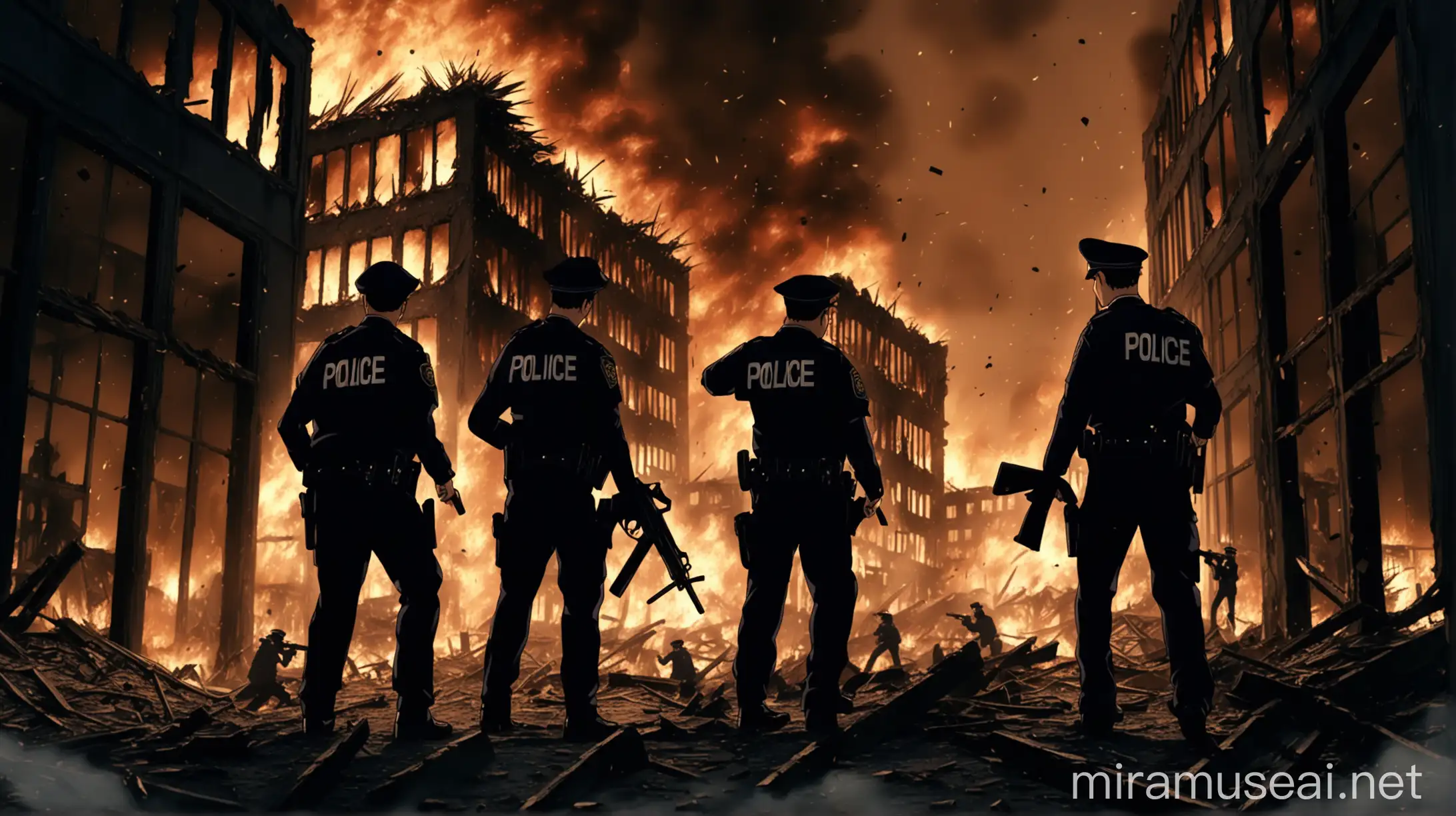 Three Anime Police Officers Navigating a Burning Ruin