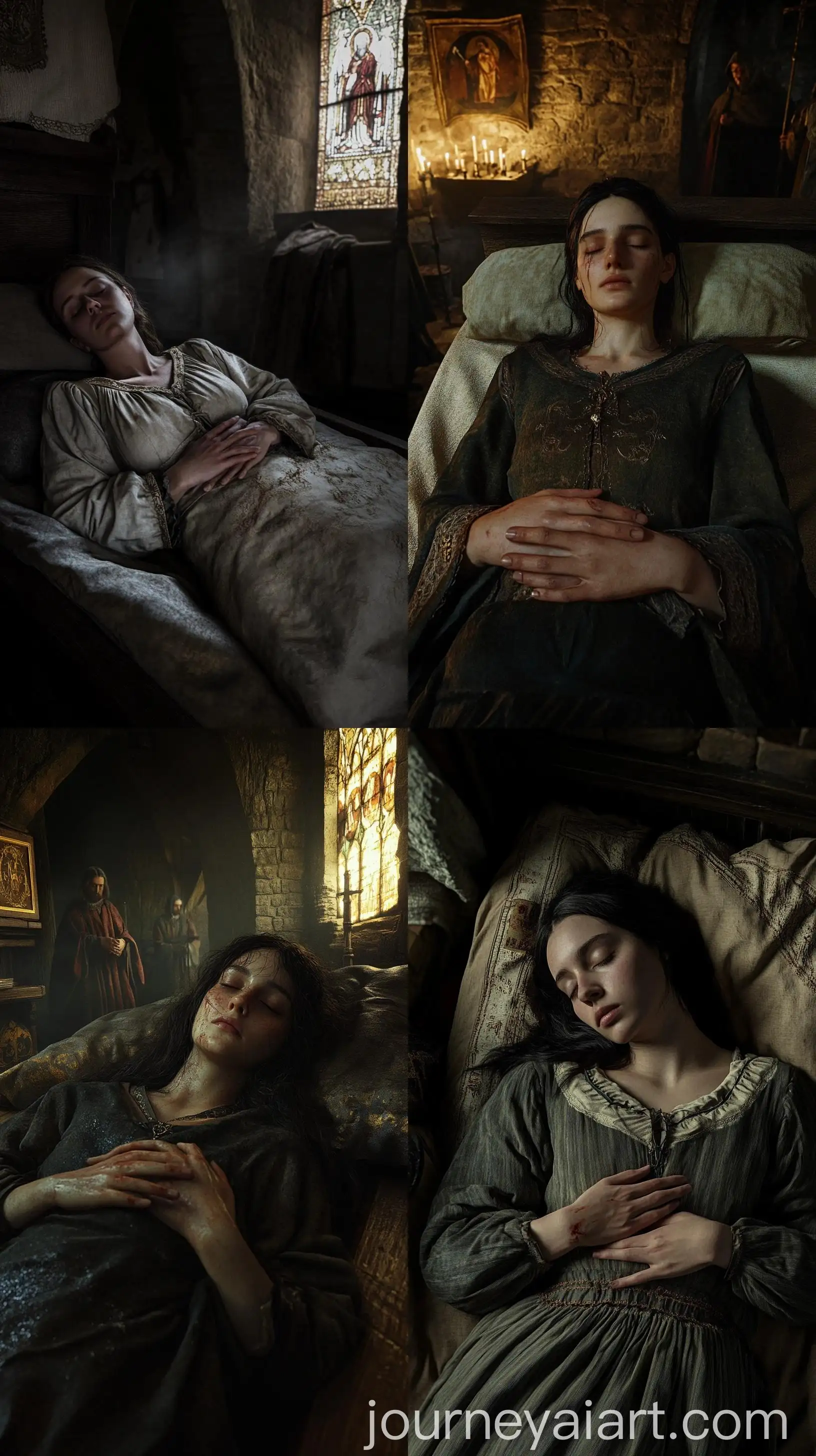 Young-Woman-Laid-on-Wooden-Bed-in-Medieval-Chamber