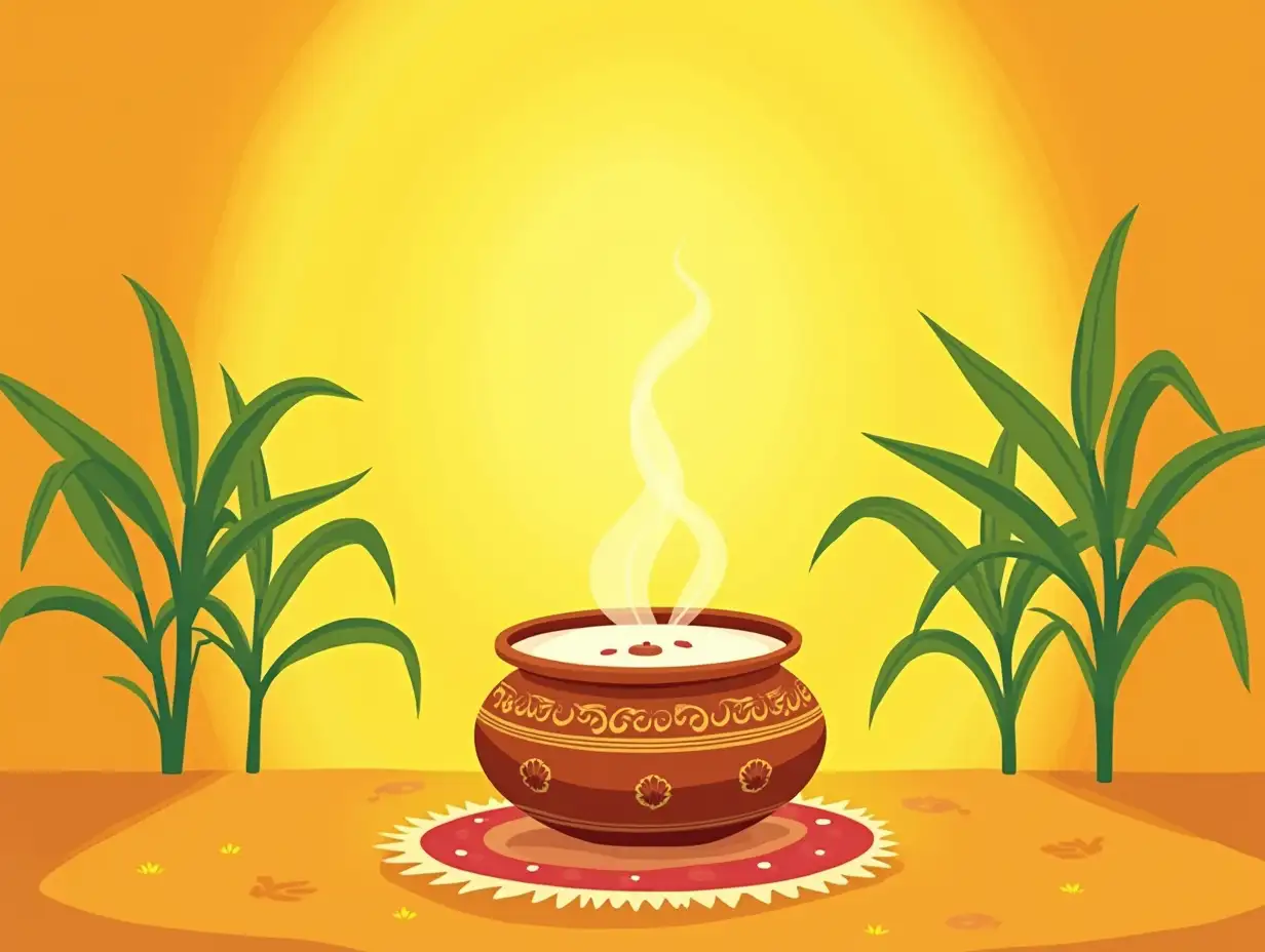 A serene illustration of a traditional Pongal setup, with sugarcane plants standing tall and lush in the background. At the center, a rustic clay pot filled with milk and cream, beautifully decorated with simple hand-painted motifs, sits prominently. The background transitions smoothly from warm orange to sunny yellow, creating a vibrant yet harmonious festival ambiance. The composition emphasizes tradition and celebration with a minimalist, aesthetic appeal. Highly detailed, artistic, eye-catching, very attractive, 128k uhd