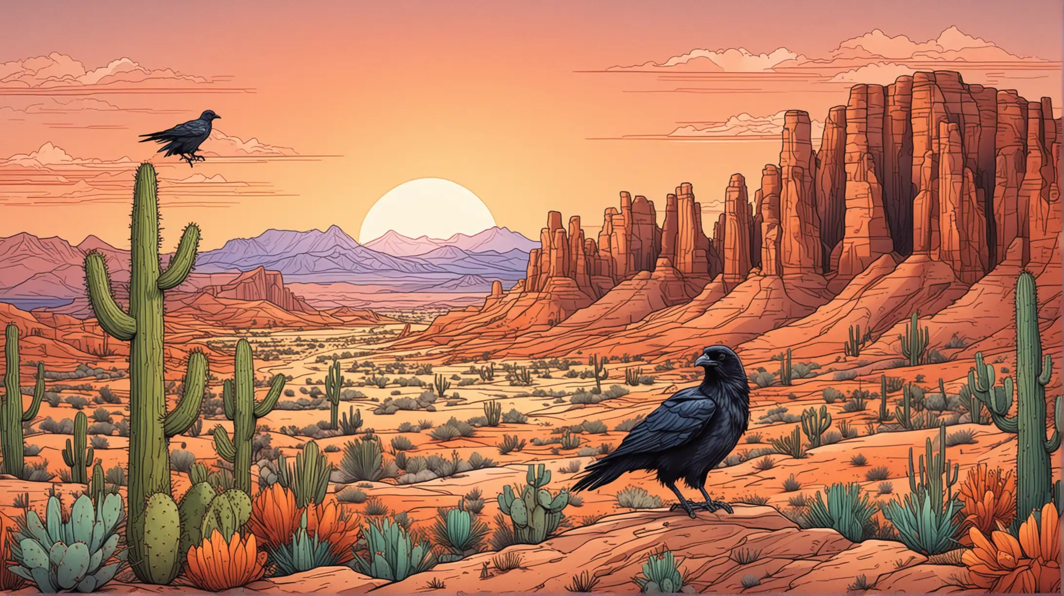 Stylized Line Drawing of Southwest Desert Wildlife at Sunset