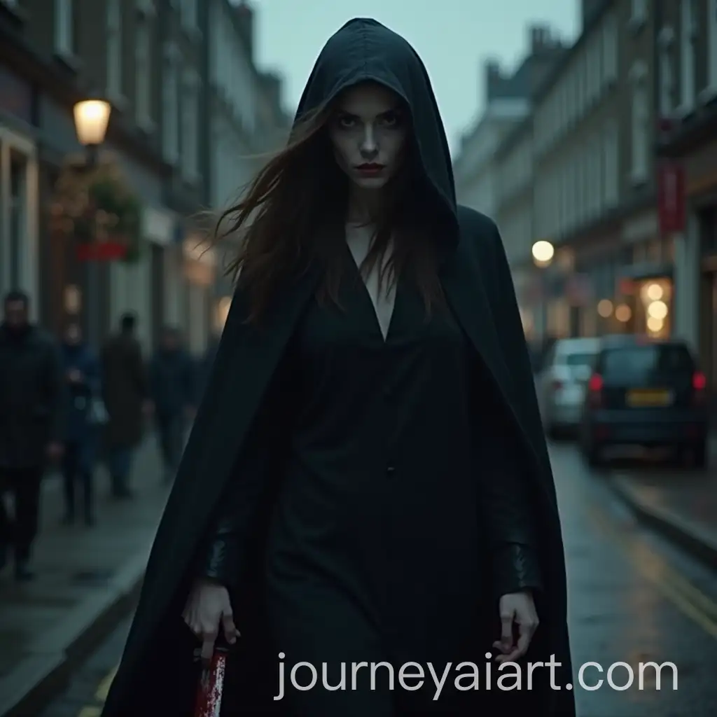 Mysterious-Cloaked-Woman-Holding-Bloodied-Knife-in-London-at-Night
