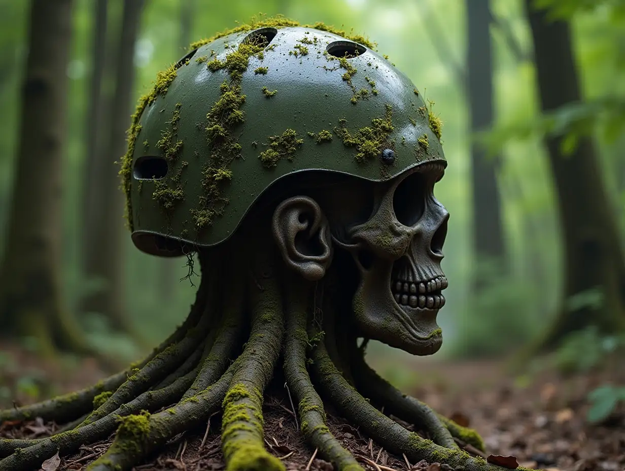 Head with helmet, roots turning into building in the forest