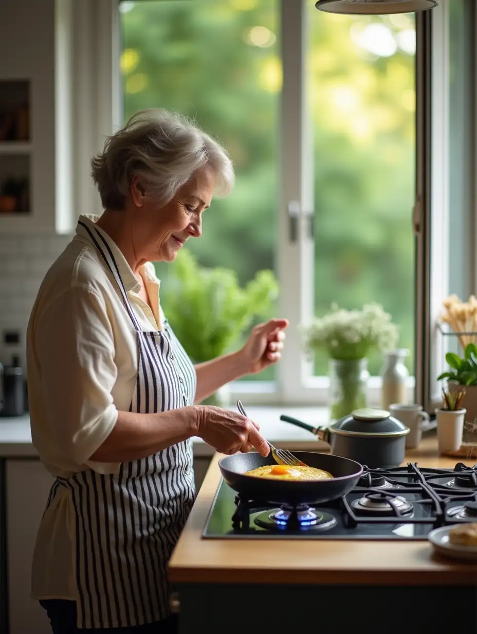 A woman of 50 years is frying an omelette in a modern kitchen, in the open window you can see the greenery of the garden