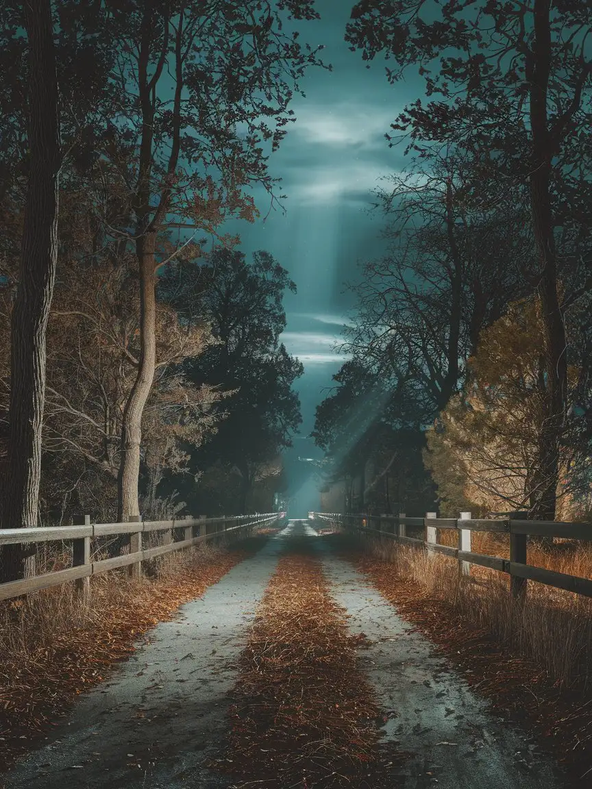 Moody Nighttime Woods with a Winding Road