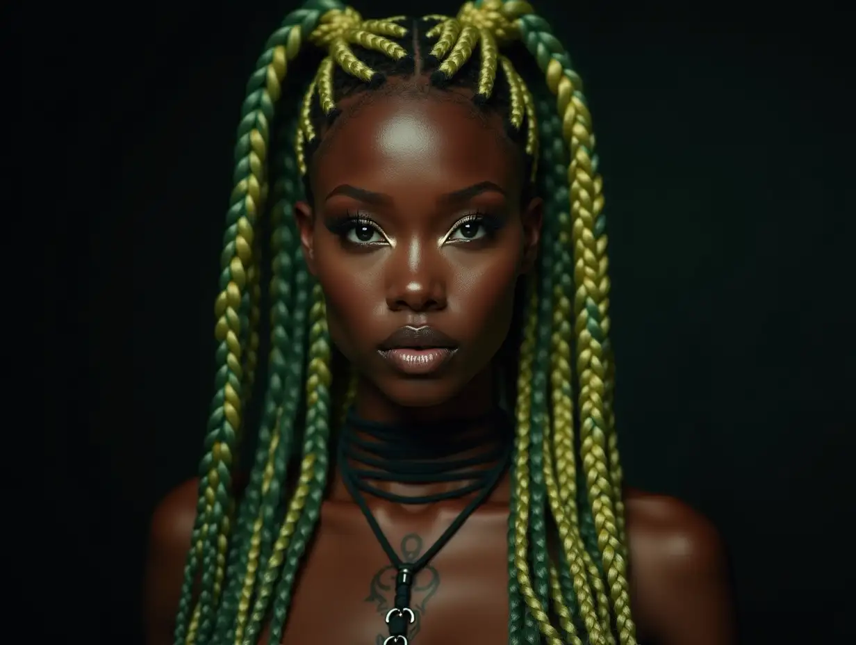 Depiction of a beautiful black woman with -tattoo, long mixed green-yellow braided hair in a futuristic style and laced boots, Blurry black background (120mm) shot poster face