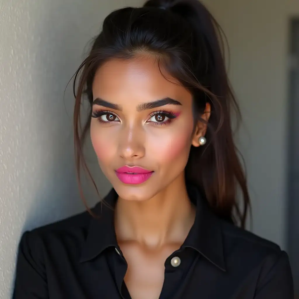 Confident-Modern-Indian-Model-Showcasing-Bright-Pink-Lipstick-in-Urban-Spring-Setting