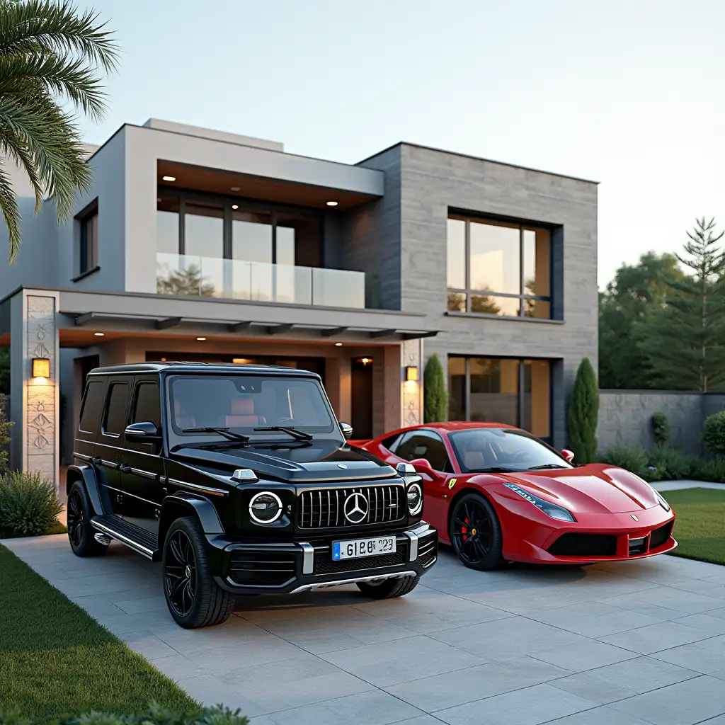 Modern house with decorative pillars and good landscaping, Mercedes g 63 amg and Ferrari