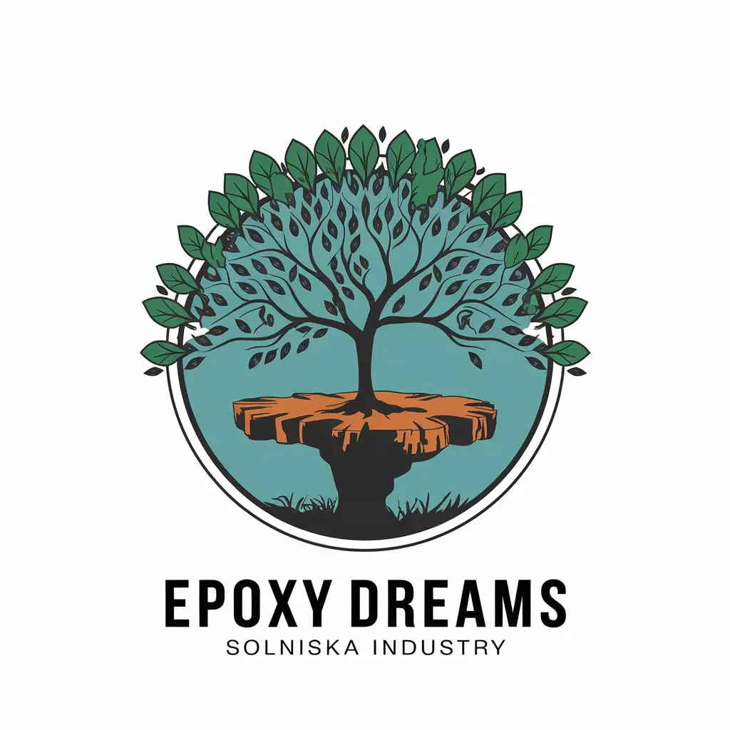 a vector logo design,with the text "Epoxy dreams", main symbol:tree resin table,Moderate,be used in Solnishka interior industry,clear background