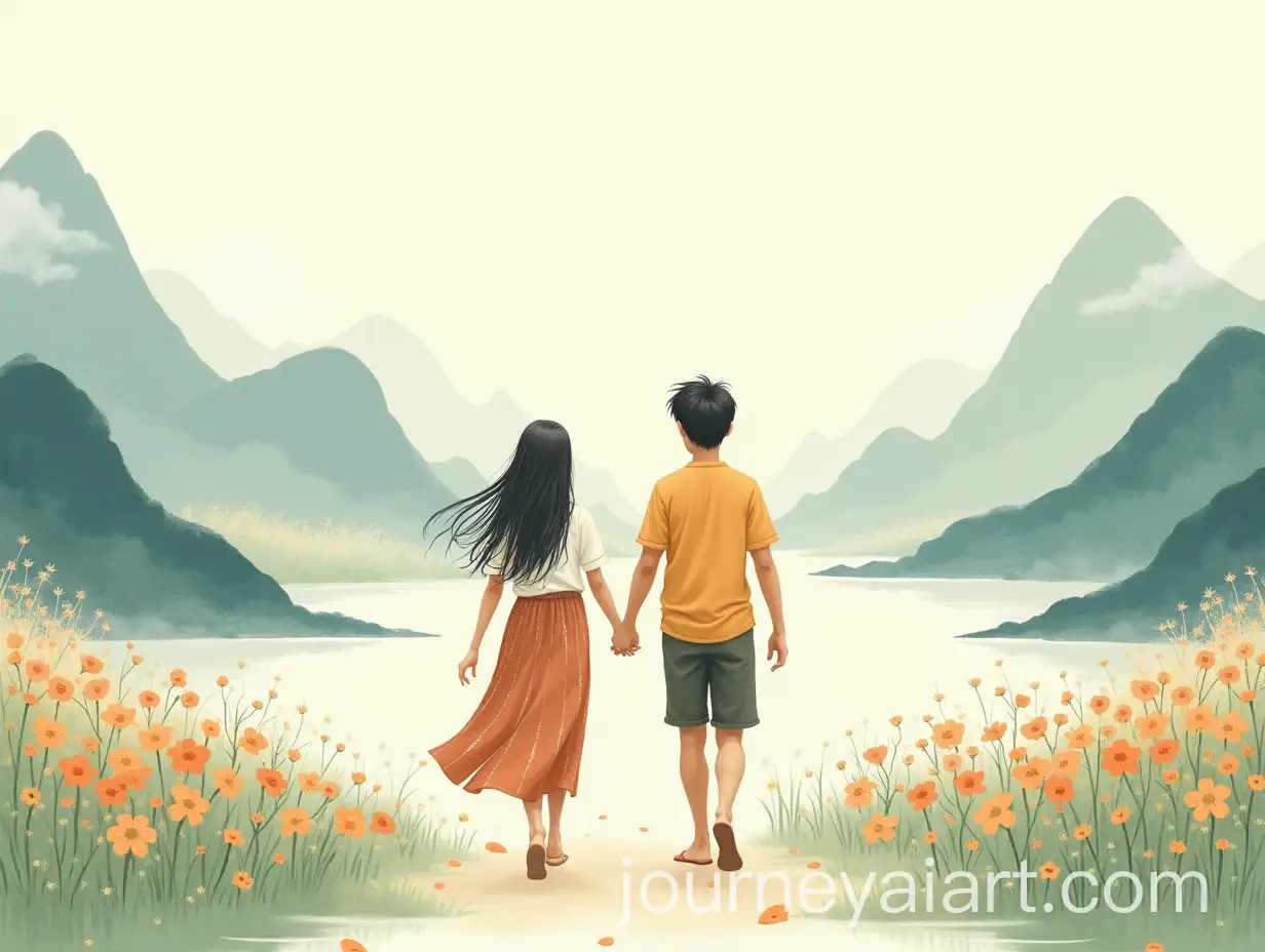 Young-Couple-Walking-Hand-in-Hand-Through-Peaceful-Landscape-with-Tribal-Clothing
