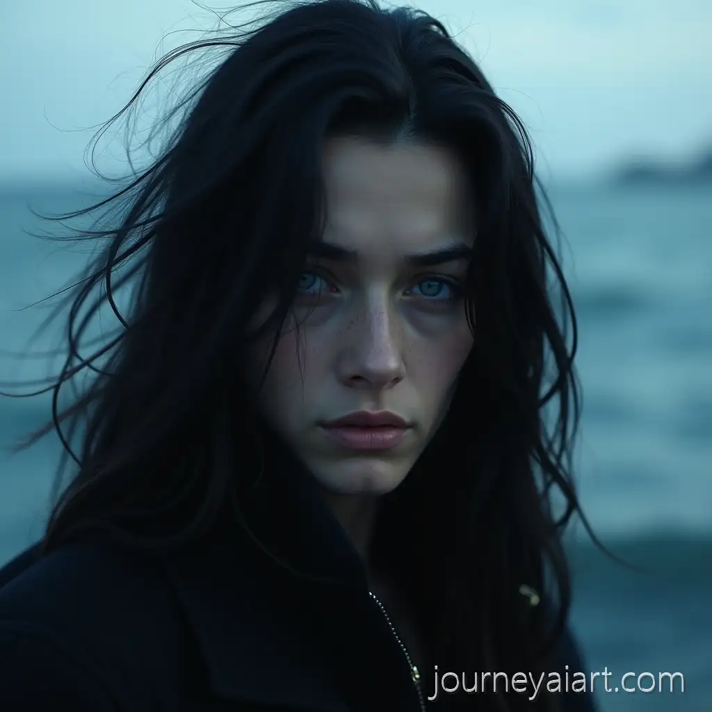 Young-Man-with-Flowing-Black-Hair-and-BlueAI-Image-Prompt-Expansion-Eyes-Gazing-at-the-Sea-in-Mourning