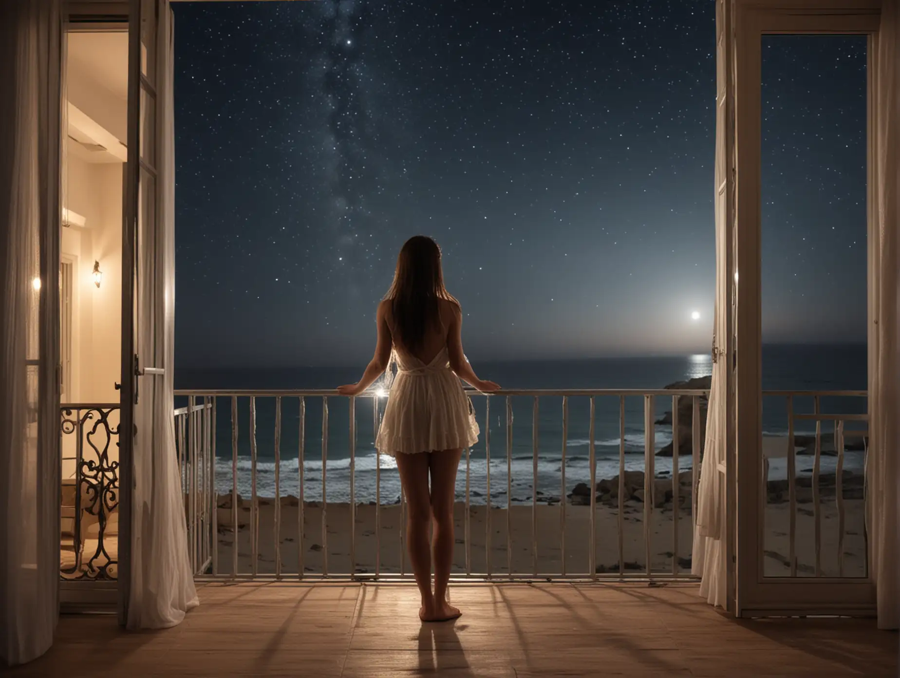 Girl-Standing-on-Balcony-Overlooking-Starry-Night-Beach-View