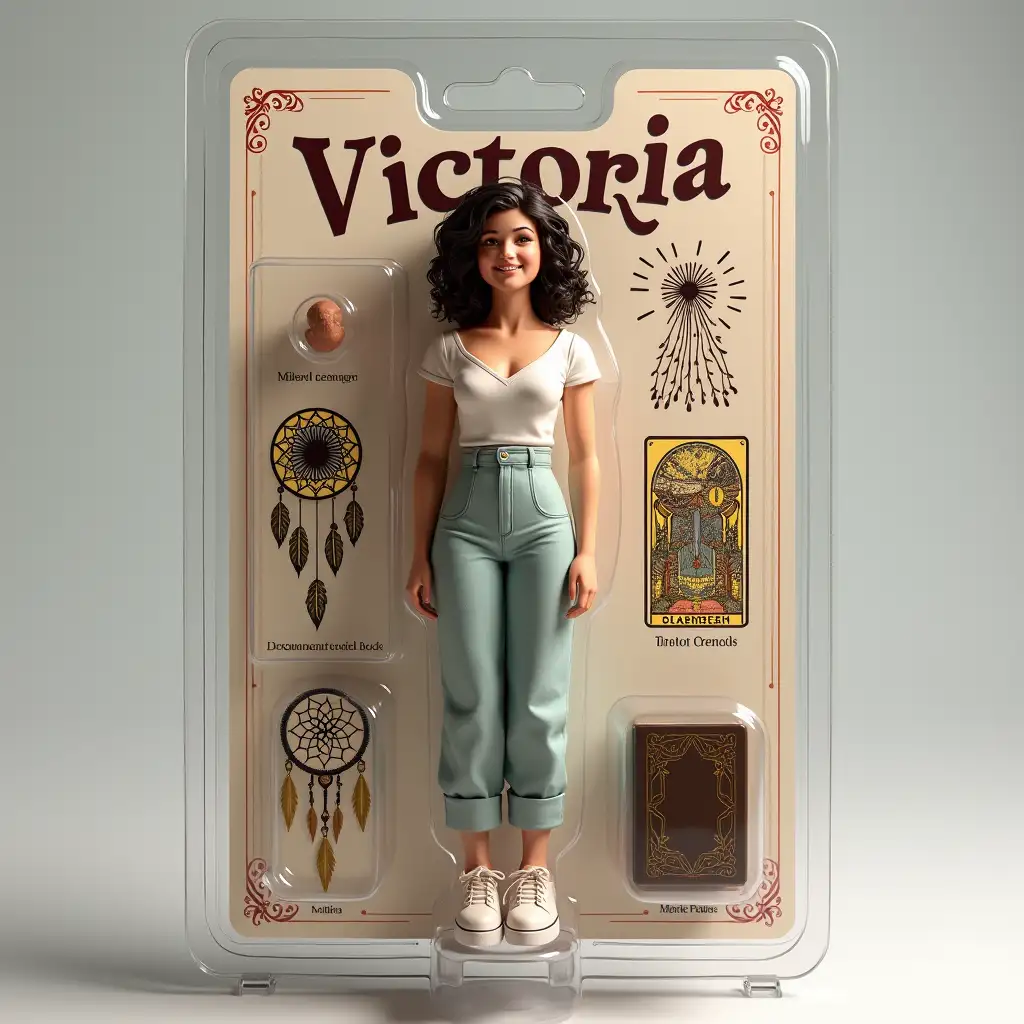 Use this photo of me to create your own action figure in a blister pack, in the style of a premium collectible toy. The figure should stand and smile in a relaxed, friendly manner. The blister pack should have a heading with the text 'Victoria' written in large letters, and the subtitle 'Victoria' under it. Accessories should be indicated in the side compartments of the drawing: tarot cards, a dreamcatcher and a book.