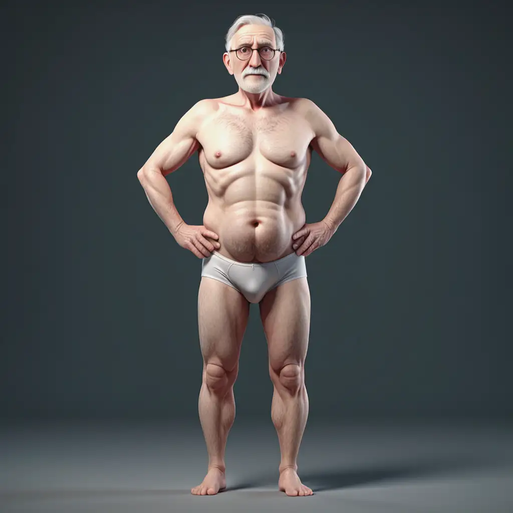 Man of 80 years, average build with a very light fat rate, in underwear, full frontal view, hands on hips, full body view, 3D animation style