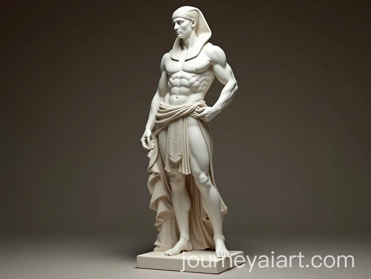 Full-Body-Statue-of-Pharaoh-in-White-Marble-with-Muscular-Build-and-Robe