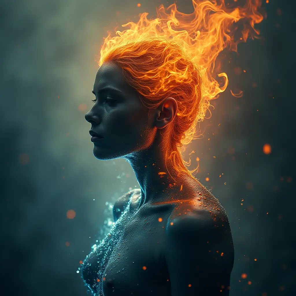 This image is an artistic and dramatic representation of a human-like figure with elements of fire and water. ...