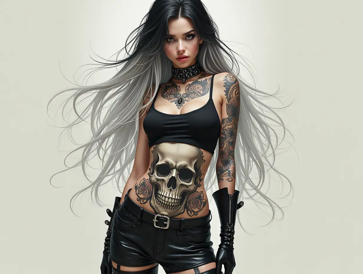 Depiction of a beautiful white woman with skull tattoos on her stomach and long mixed white-black hair in a futuristic style and laced boots