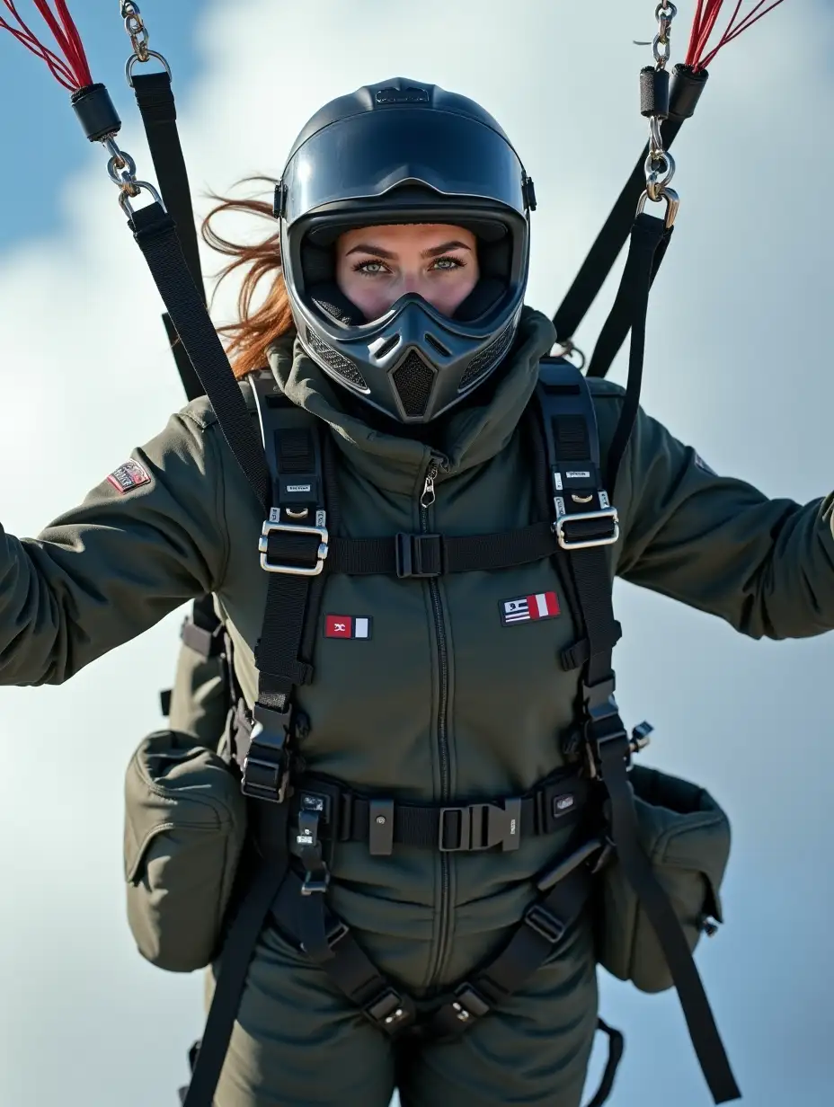 a 16 year old female masked paragliding cadet, in air, suspended on straps, fully covered, wearing a modern parachute suit with lots of harness, full motorcycle helmet with mask, gloves, attached equipment