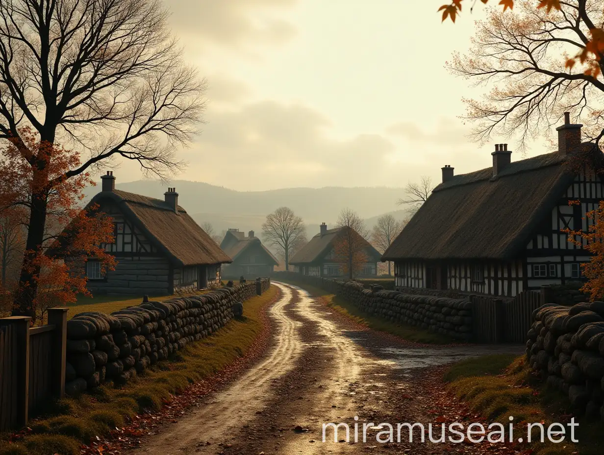 Quaint Prussian Hamlet in 1806 Autumn Landscape with Thatched Roofs and Oak Trees