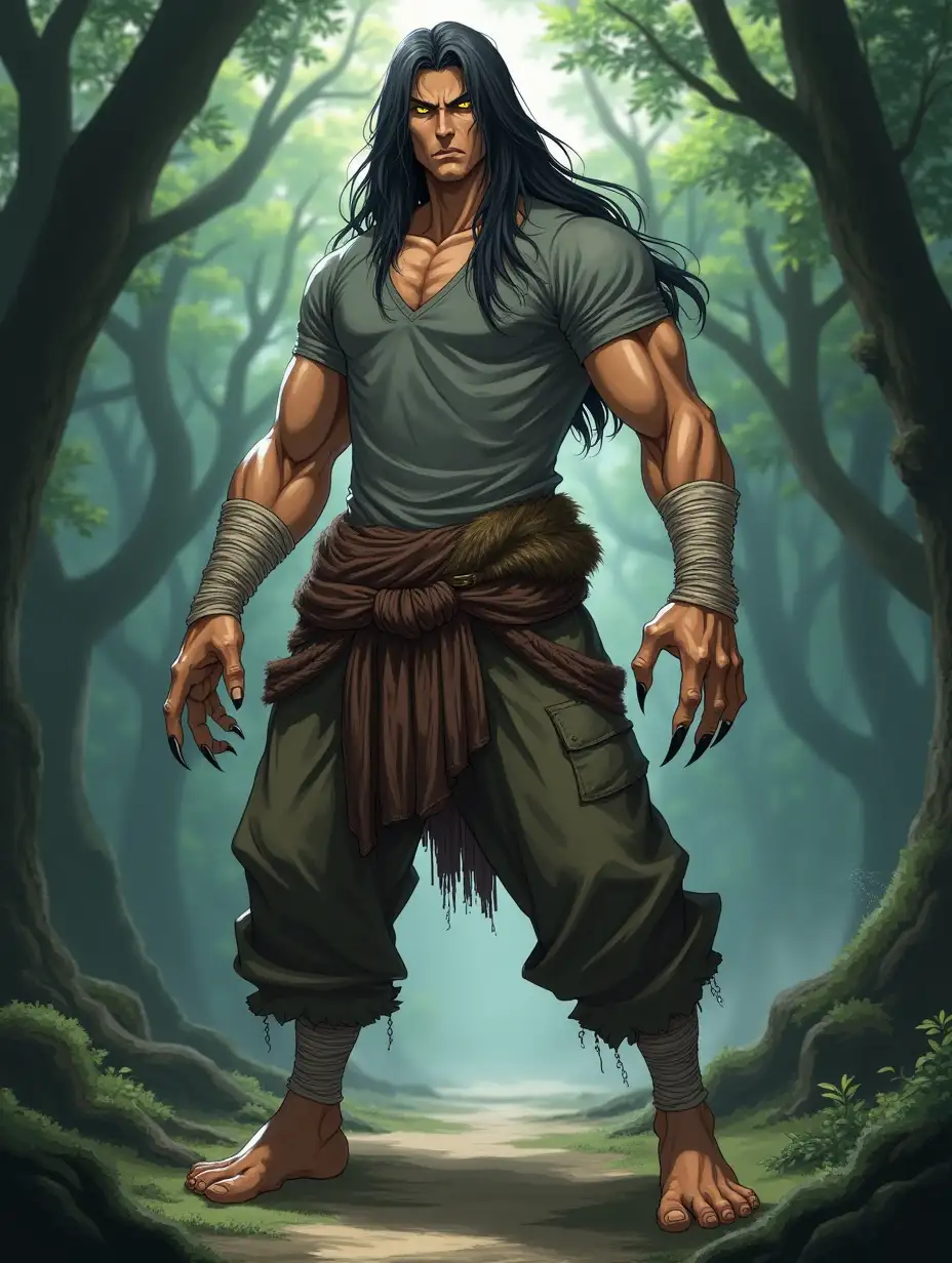 Fantasy setting, anime, wild man, strong man, claws on hands and feet, animalistic features, black long straight hair, yellow eyes, eyes with vertical pupils, bandages on hands and legs, barefoot, rough clothes of rags and skins, baggy pants, athletic build, slender body, gray t-shirt, animal skin tied at the waist, dynamic pose, forest background