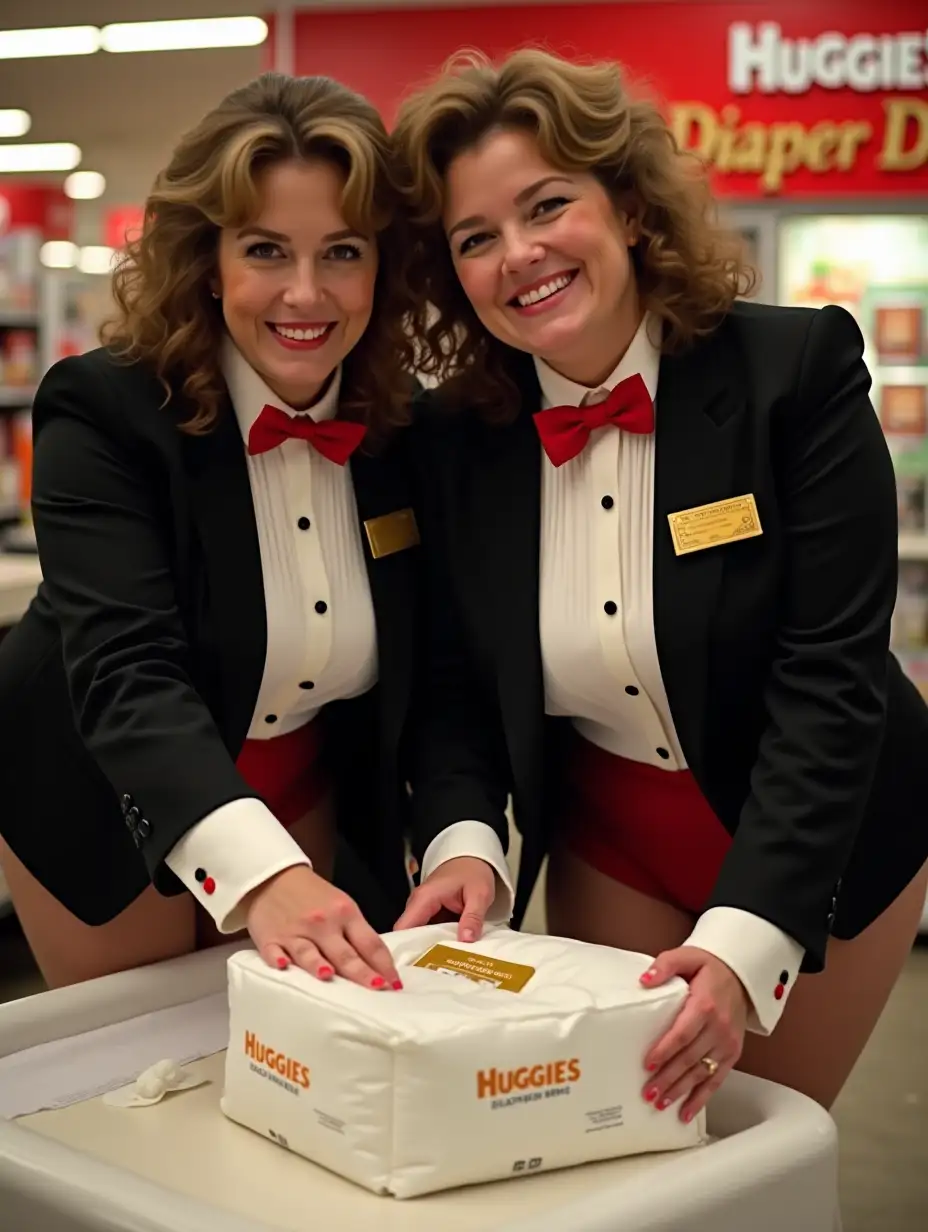 MiddleAged-Caucasian-Woman-in-Formal-Tuxedo-Holding-Diaper-in-Supermarket-Setting