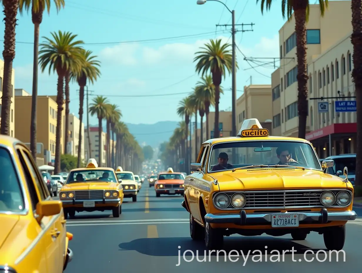 Los-Angeles-Streets-with-Yellow-Volga-and-Lada-Taxis-Palm-Trees-and-Hollywood-Signs