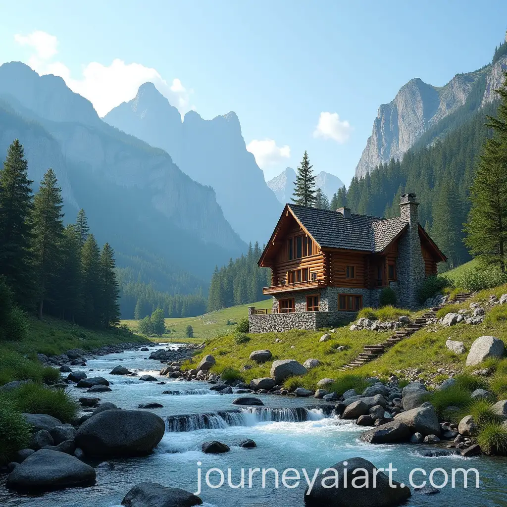 Serene-Mountain-Cabin-by-Flowing-River-and-Majestic-Hills
