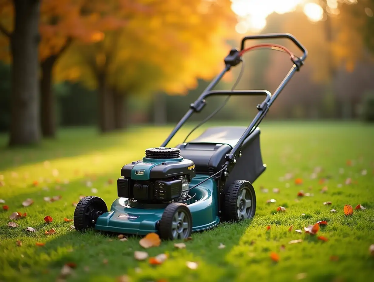 lawnmower on a lawn, autumn, style - photo on phone