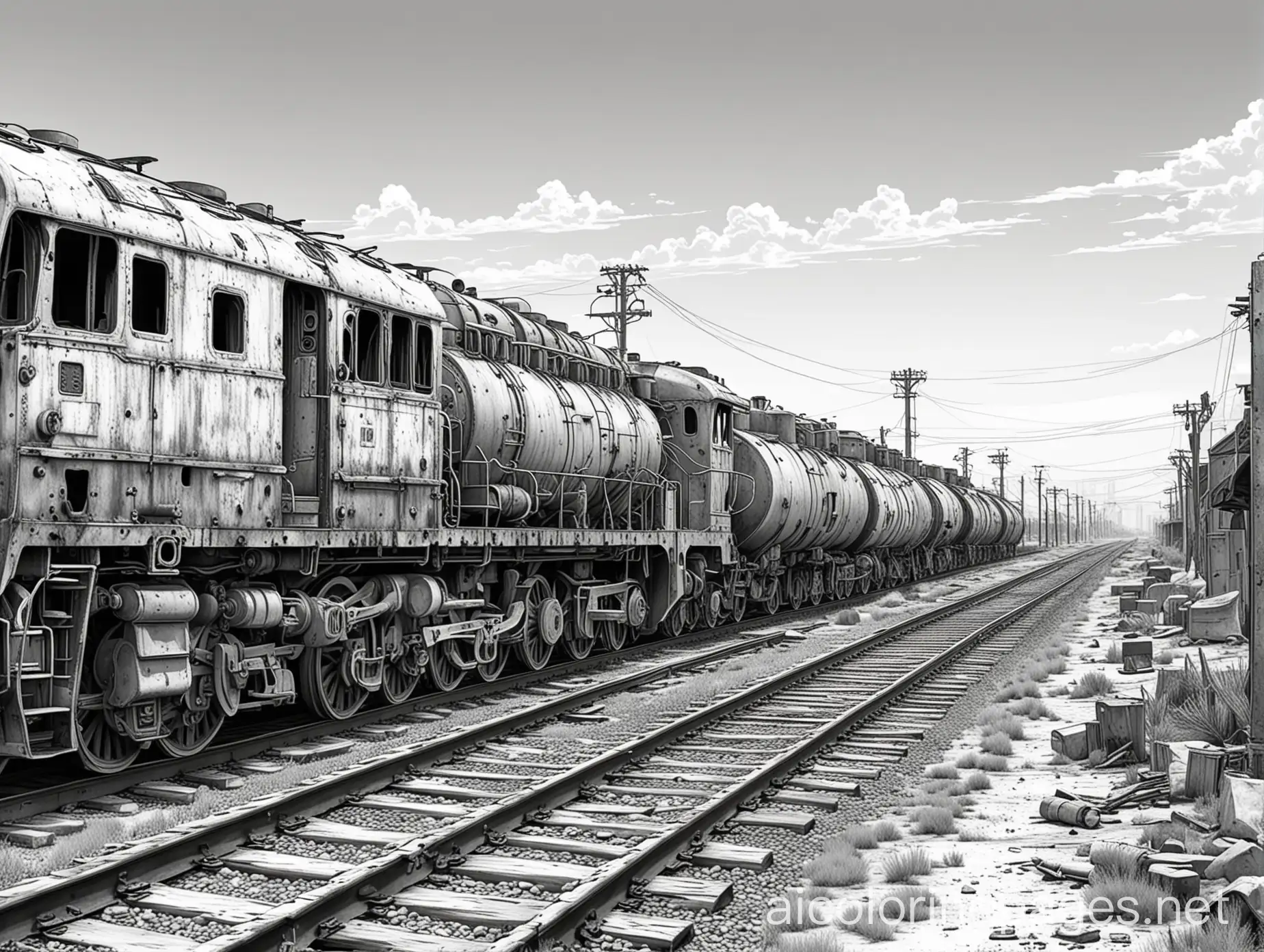 post apocalyptic train yard, Coloring Page, black and white, line art, white background, Simplicity, Ample White Space. The background of the coloring page is plain white to make it easy for young children to color within the lines. The outlines of all the subjects are easy to distinguish, making it simple for kids to color without too much difficulty