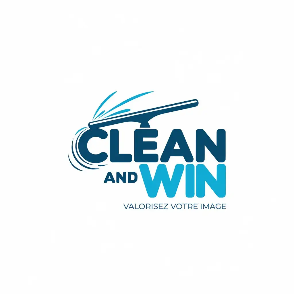 LOGO Design for Clean and Win Minimalistic Blue Squeegee with Traces on White Background