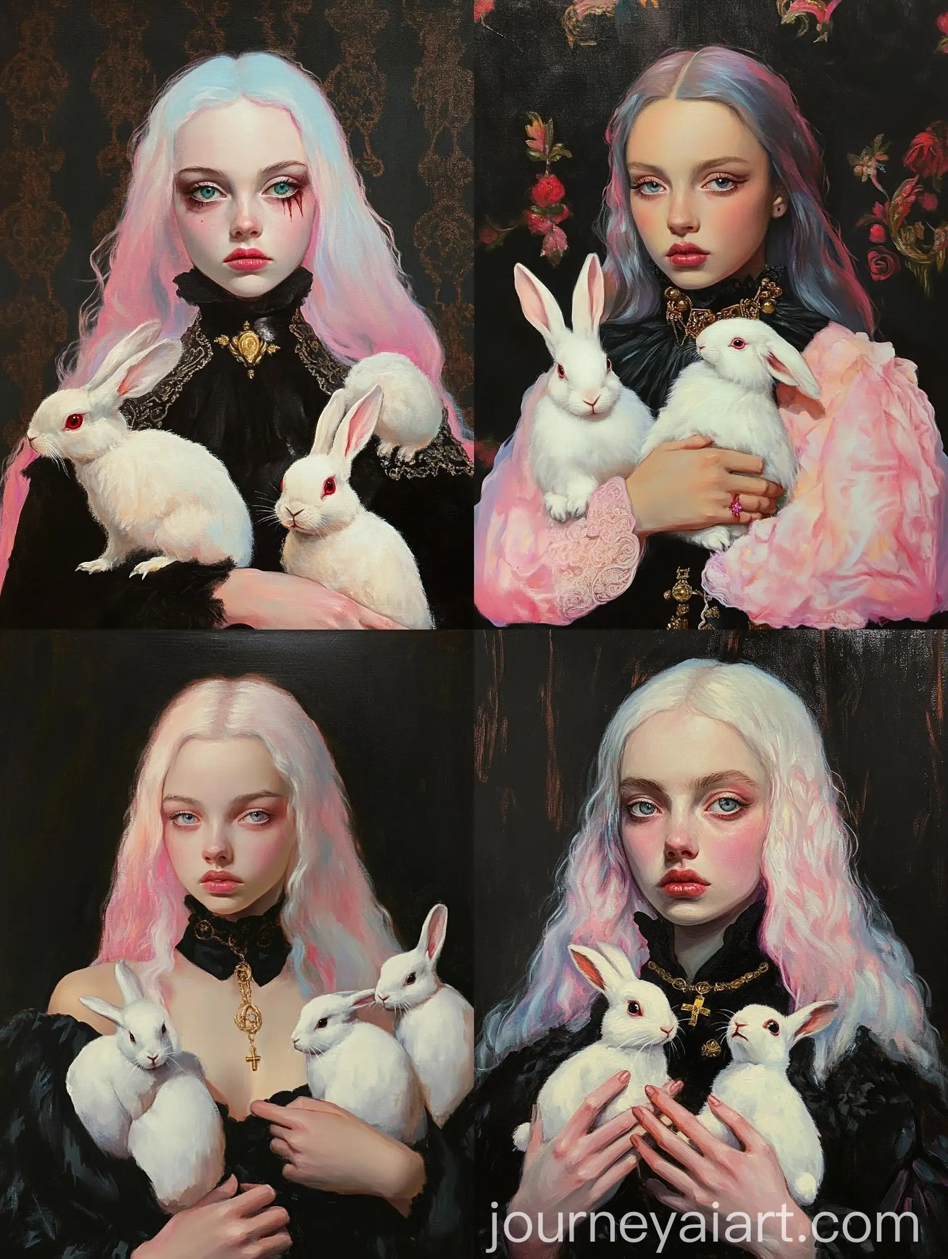 Goth-Girl-Posing-with-Bright-White-Rabbits-in-Oil-Painting
