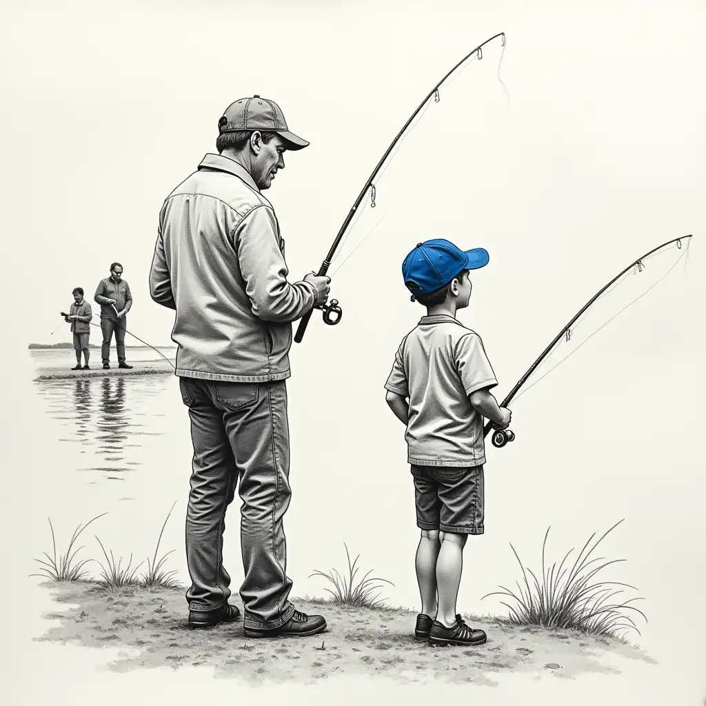 Young-Boy-and-Older-Man-Fishing-by-Serene-Lakeside-in-Charcoal-Sketch