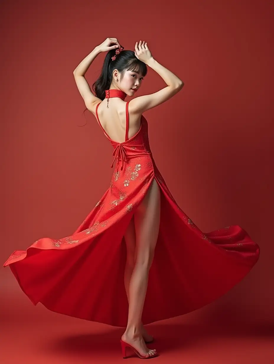 Elegant-Chinese-Girl-in-Red-Qipao-Posing-at-Lunar-New-Year-Event