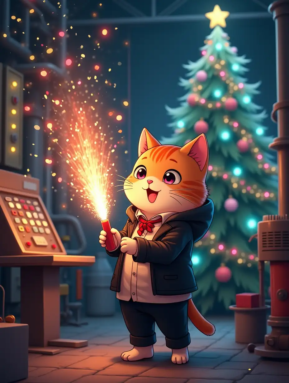 A cute anime kawaii cat in business clothes holds a firecracker exploding with sequins, confetti and streamers in the atmosphere of a festively decorated factory with colorful garlands on industrial equipment. In the background is a control panel with glowing indicators and instruments, next to a huge Christmas tree in magical soft lighting, paint in anime style