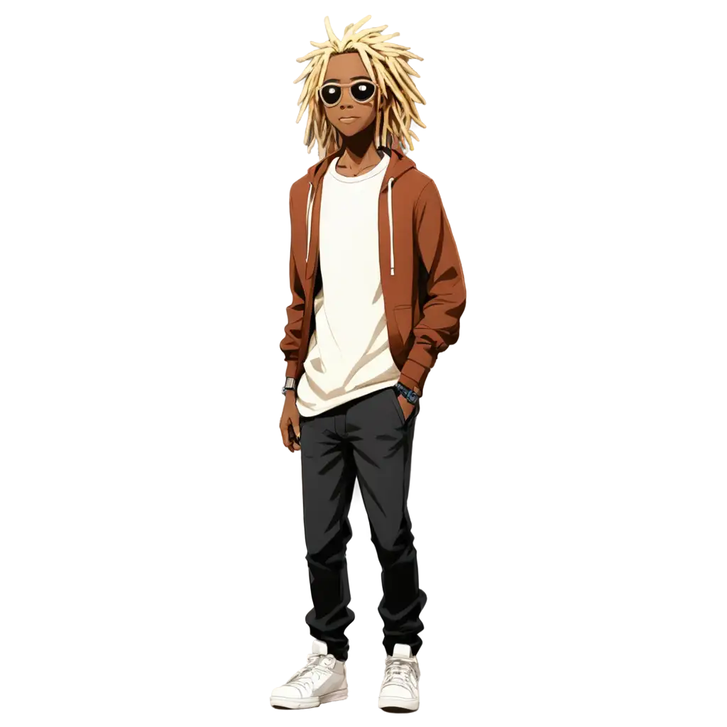 Black 18 year male old with blond locs and shades full body anime style