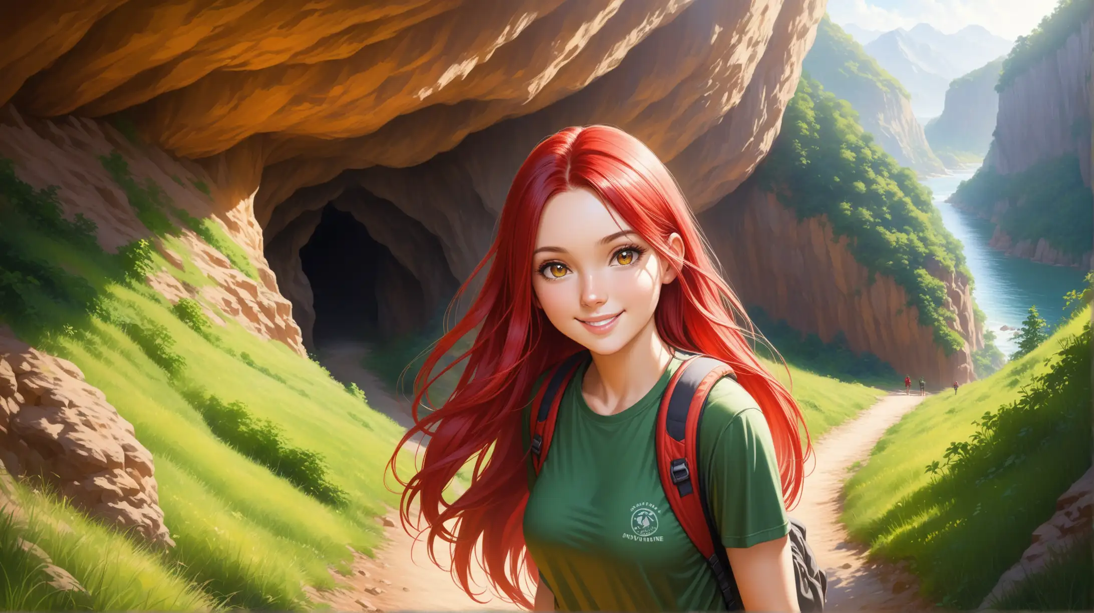 Smiling Woman with Long Red Hair in Adventure Outfit on Hiking Trail with Cave Entrance