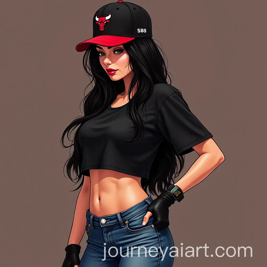 Playful-Woman-with-Chicago-Bulls-Snapback-and-Biker-Gloves-in-Black-and-Red-Outfit