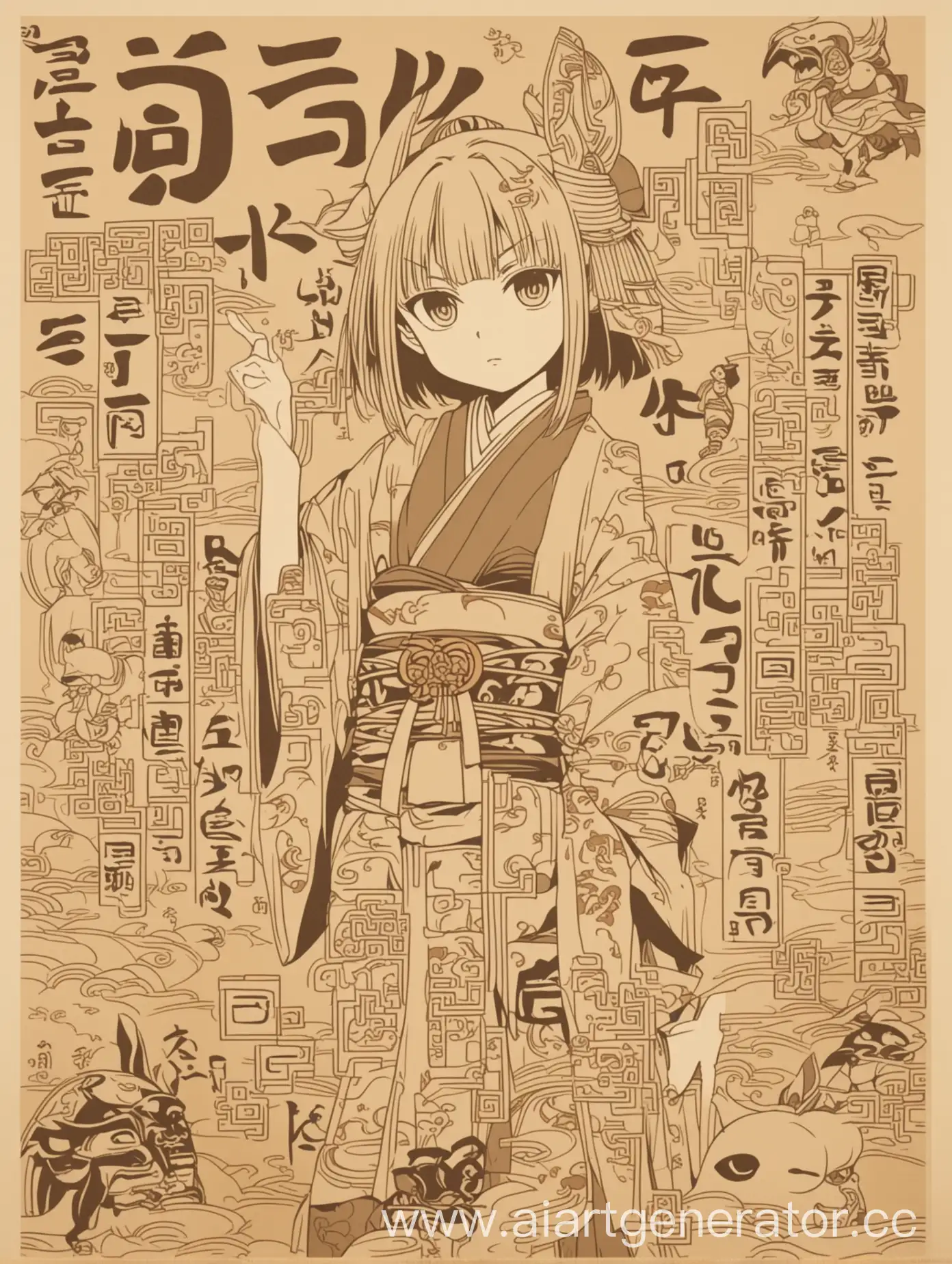 Anime-Character-with-Hieroglyphs-in-Beige-Tones