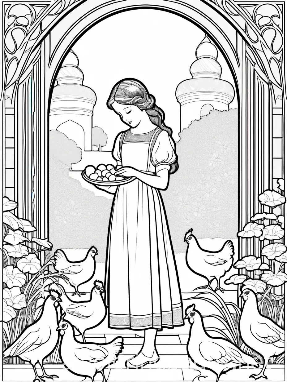 Art-Nouveau-Garden-Young-Girl-Feeding-Chickens-Coloring-Page