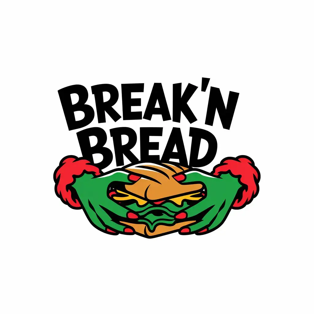 LOGO Design for BreakN Bread Grinch Font with Red Green Hands Gripping Sandwich with Money for Retail Industry