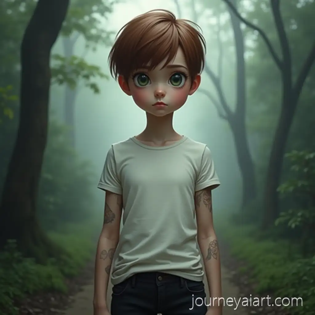 Young-Girl-with-Green-Eyes-Standing-in-Foggy-Forest-with-Serious-Expression