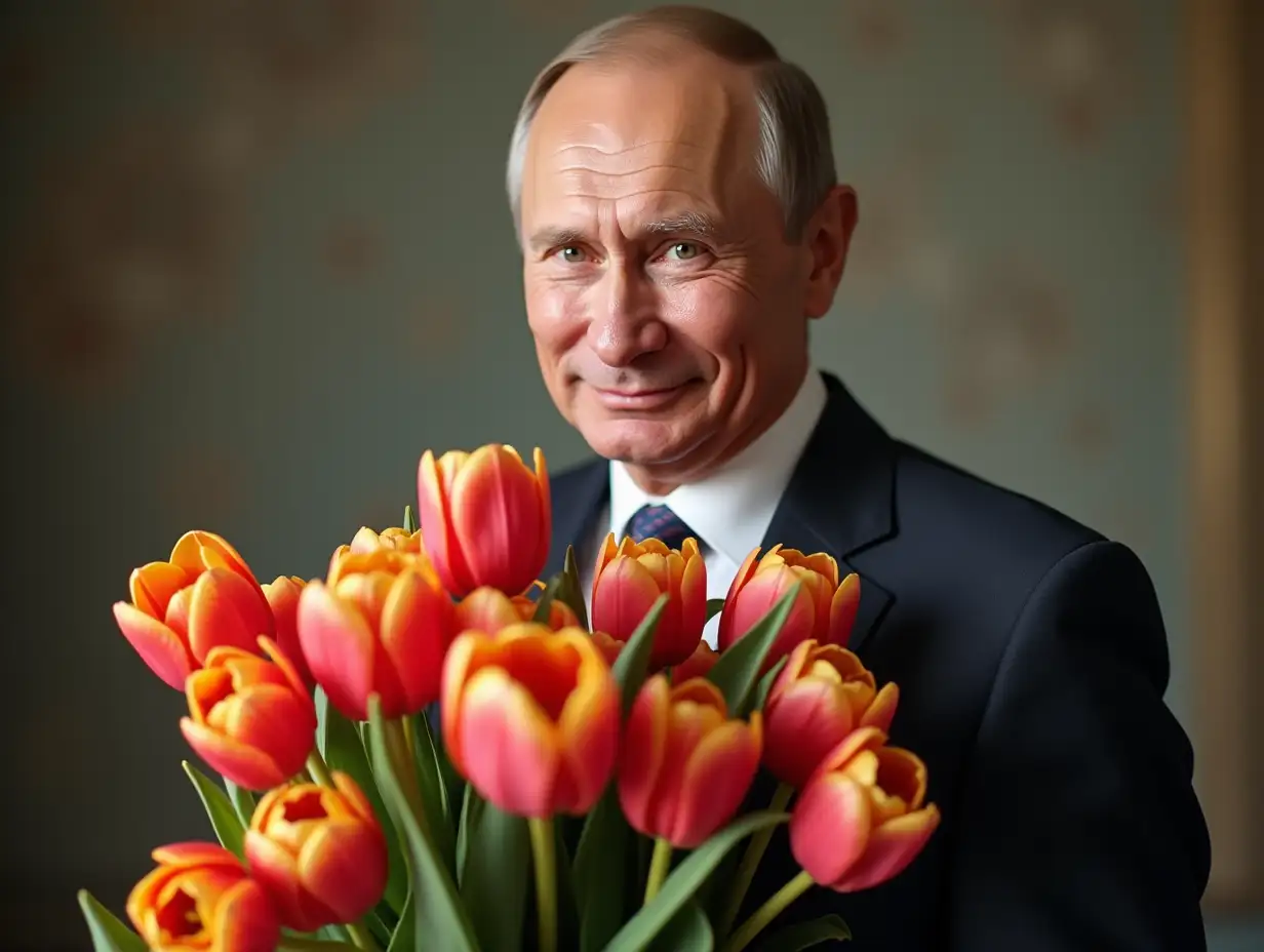 smiling Vladimir Vladimirovich Putin with a large bouquet of tulips. beautiful light fond. Realism