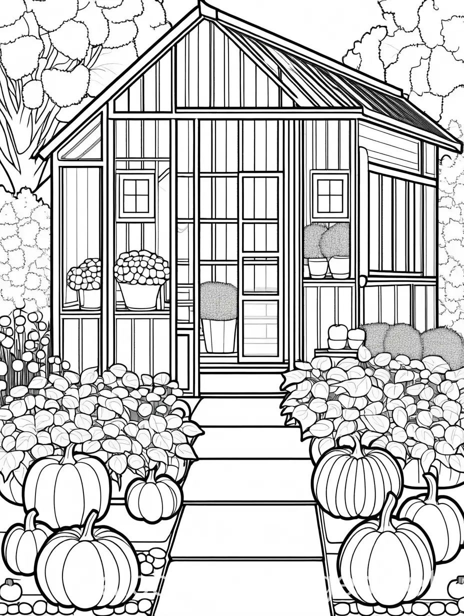 Greenhouse-with-Fall-Flowers-and-Pumpkins-Coloring-Page