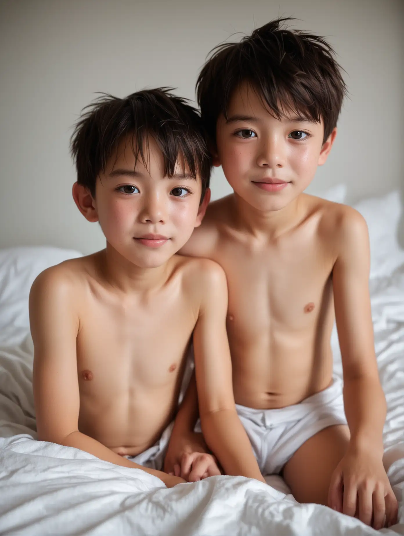 Two 11-year-old boys from Shenzhen, with delicate facial features, very cute faces, big eyes, double eyelids, dark brown hair, fair skin, very thin body, with visible muscles, just took a bath, wearing white boxer shorts, in a bright children's bedroom, they are lying on the bed hugging each other, happy, facing the mirror, realistic, vivid skin texture, clear and bright scene, full body shot