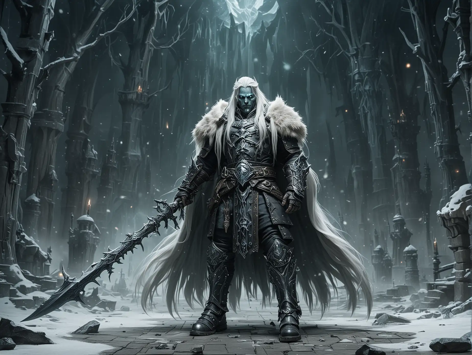 The Lich king with long white hair in boots, without a helmet, is preparing a spell