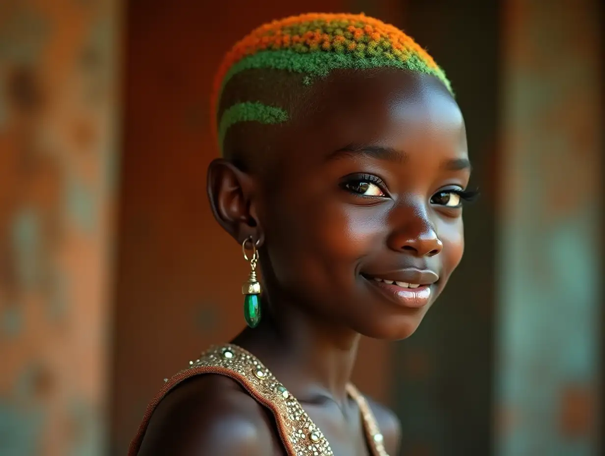 young black girl with alien face, with orange-green striped hair, with a slight smile on her face, accentuating her smile, modern retro jewelry, in a temple with rust and various shades of 4k